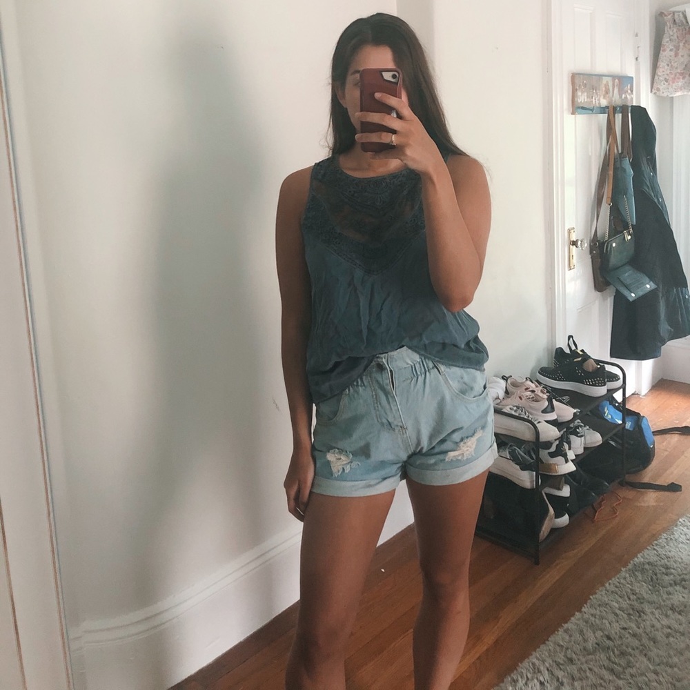 Slate blue tank top with lace detailing